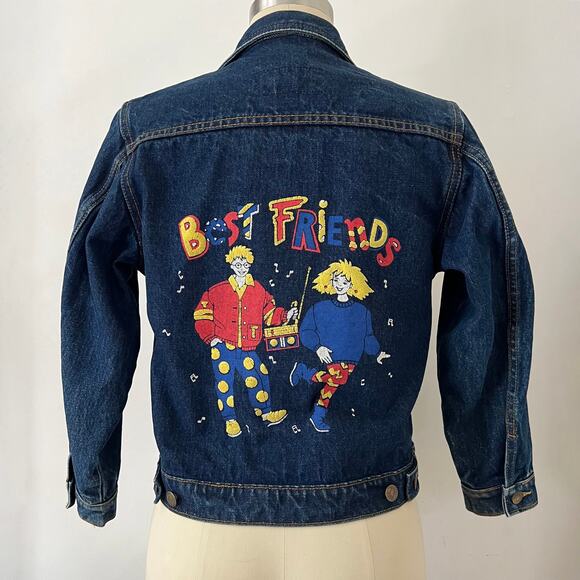 Vintage 80s Dark Wash Denim Best Friends Graphic Buttoned Jacket / XS - Picture 11 of 12